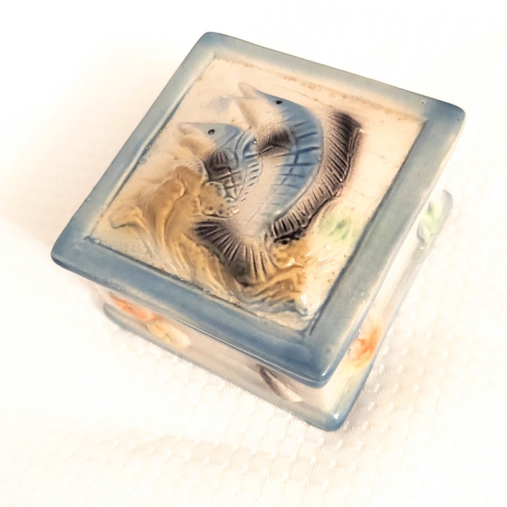 Vintage Nautical Trinket Box Mens Vanity Marlins Glazed Porcelain